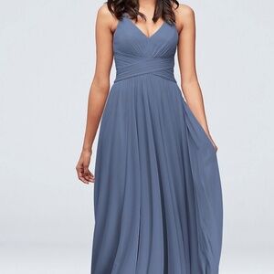 David’s Bridal Steel Blue Mesh Cut Out Spaghetti Strap Bridesmaid Dress NWT